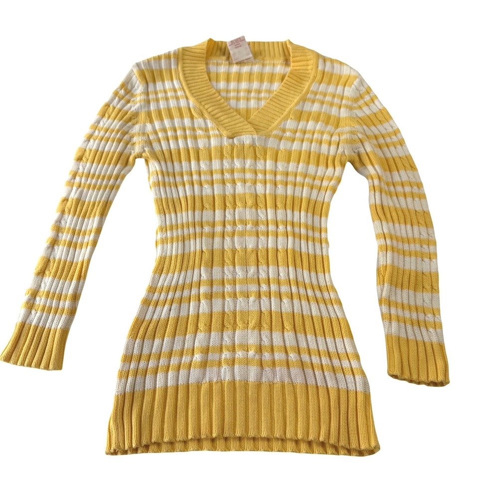 Faded Glory V Neck Y2K Yellow Striped Long Sleeve Cable Knit Sweater Small